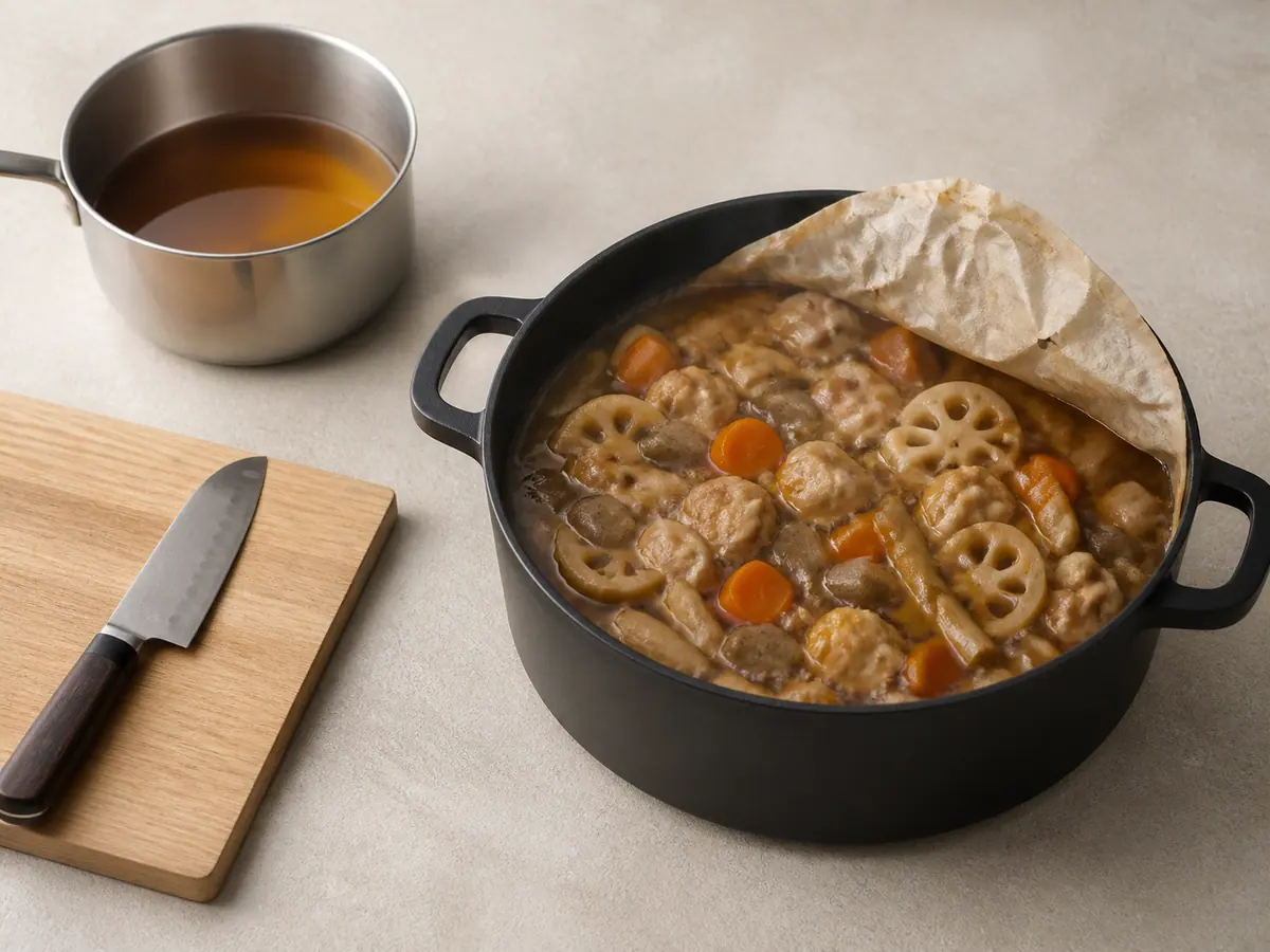 Show chicken and roots gently simmering in seasoned amber shiitake dashi inside the same wide matte-black heavy pot under a parchment drop lid partly visible, roots nearly tender and no snow peas yet.