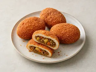 Panecillos japoneses de curry dorados, con uno abierto para mostrar el relleno de curry de carne de res