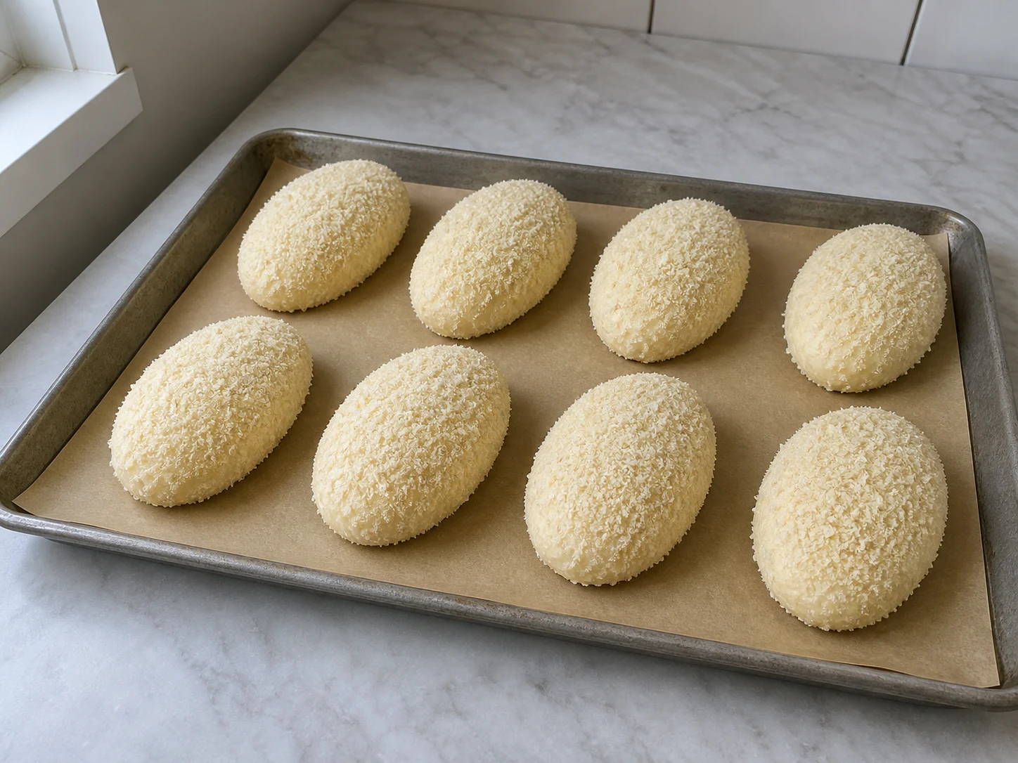 Panko-coated Japanese curry bread rolls proofed until noticeably puffy