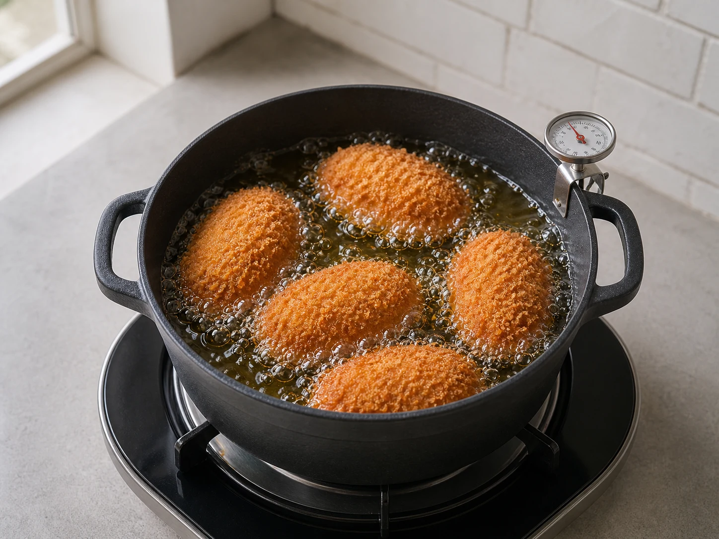 Panko-coated Japanese curry bread rolls frying on the stovetop until deep golden