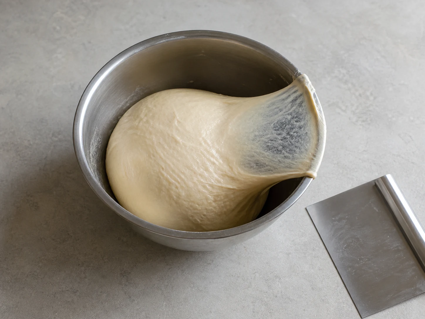 Smooth Japanese curry bread dough with a thin translucent windowpane flap
