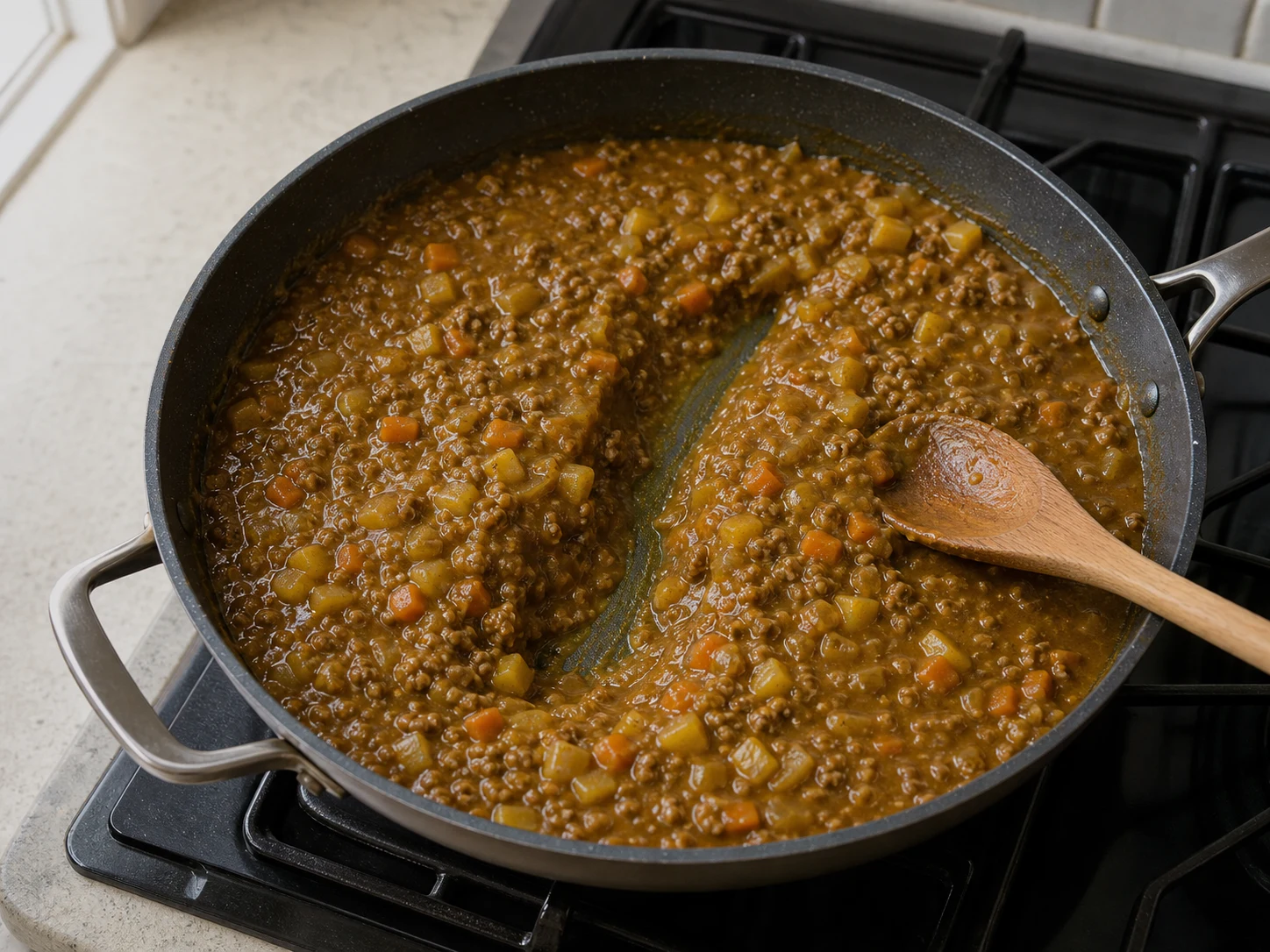 Thick Japanese beef curry filling holding a clear trail in the skillet