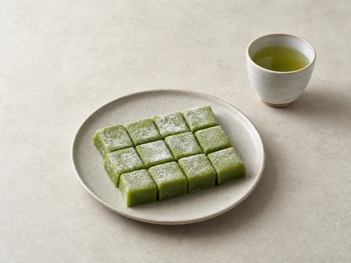 Pequeños cuadrados de mochi verde de matcha, espolvoreados ligeramente con fécula de papa sobre un plato de cerámica