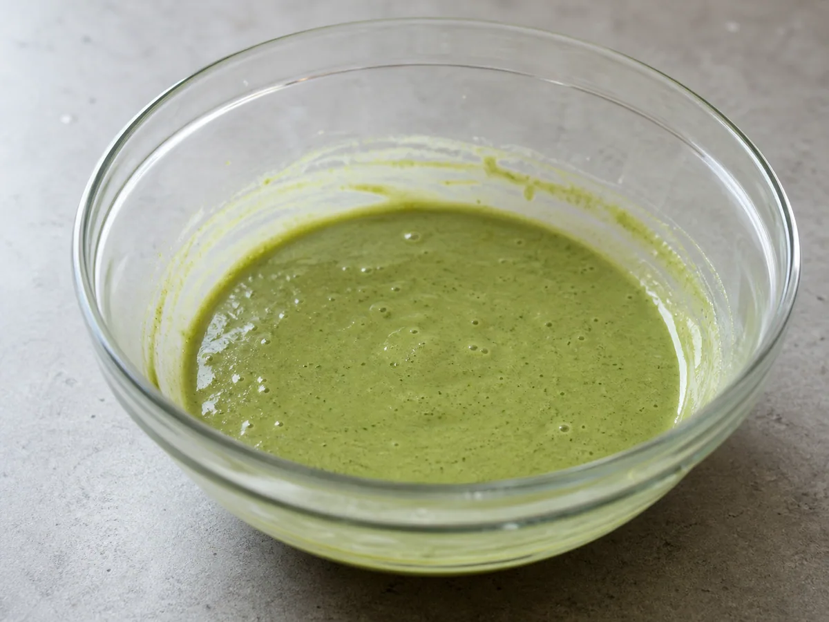 Massa lisa e verde de mochi de matcha caindo do batedor em uma fita espessa