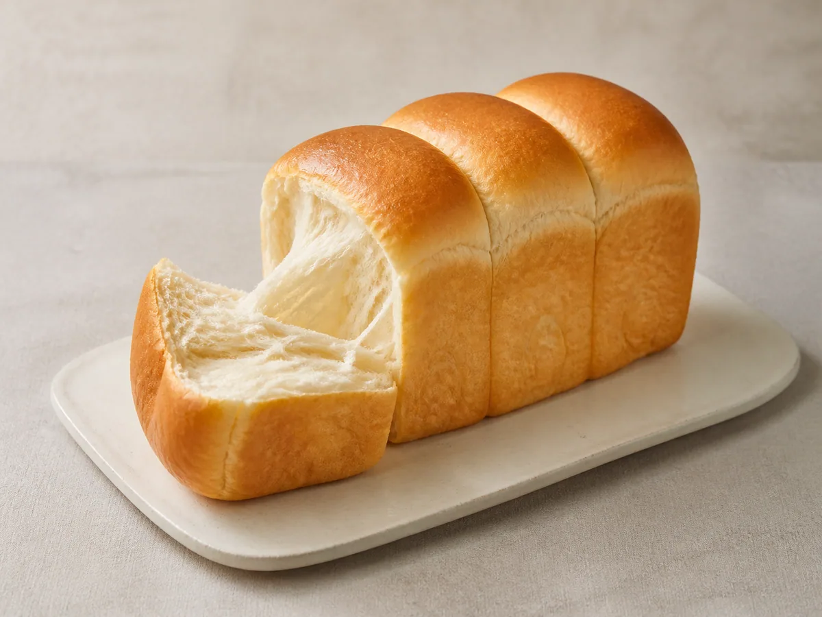 Tall loaf of Japanese milk bread with a feathery torn crumb