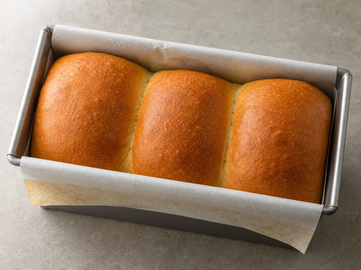 Pan de leche japonés bien dorado y completamente horneado todavía en su molde