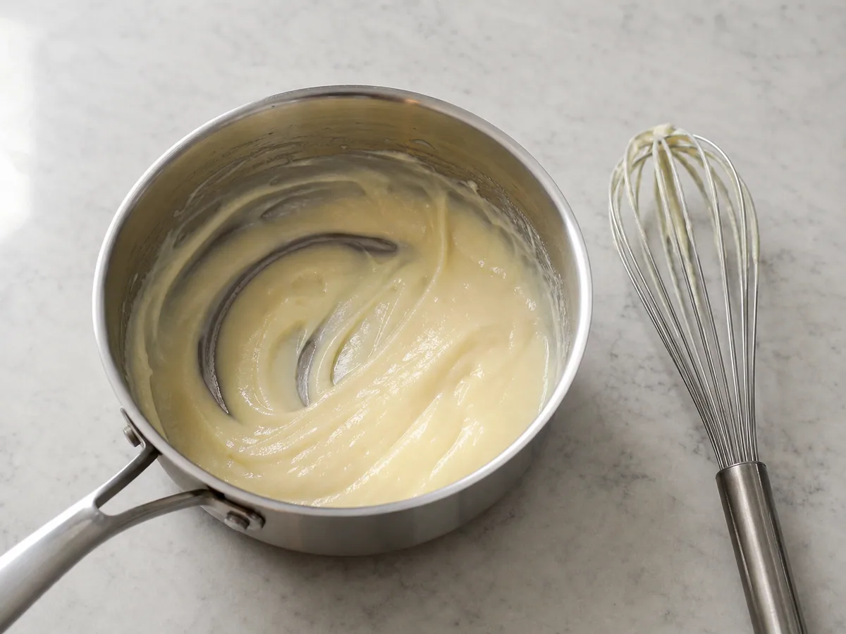 Pasta de tangzhong brillante con marcas del batidor en una cacerola pequeña para pan de leche japonés