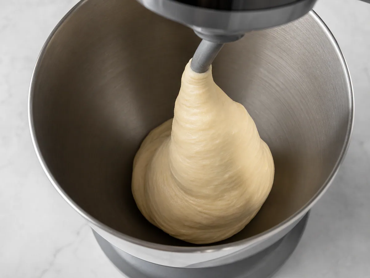 Masa lisa y elástica de pan de leche japonés reunida alrededor del gancho de la batidora