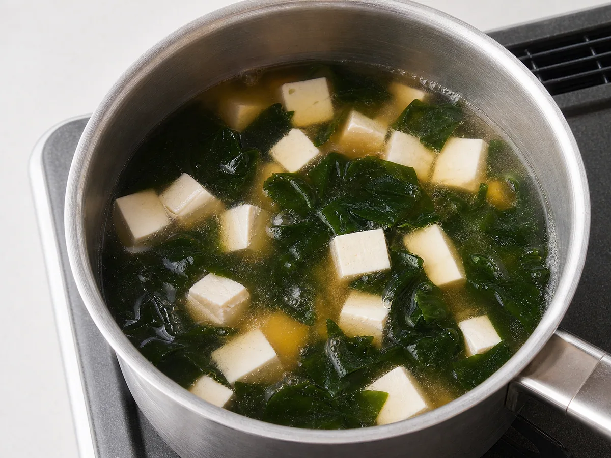 Cubos de tofu e wakame aquecendo delicadamente no dashi, sem ferver