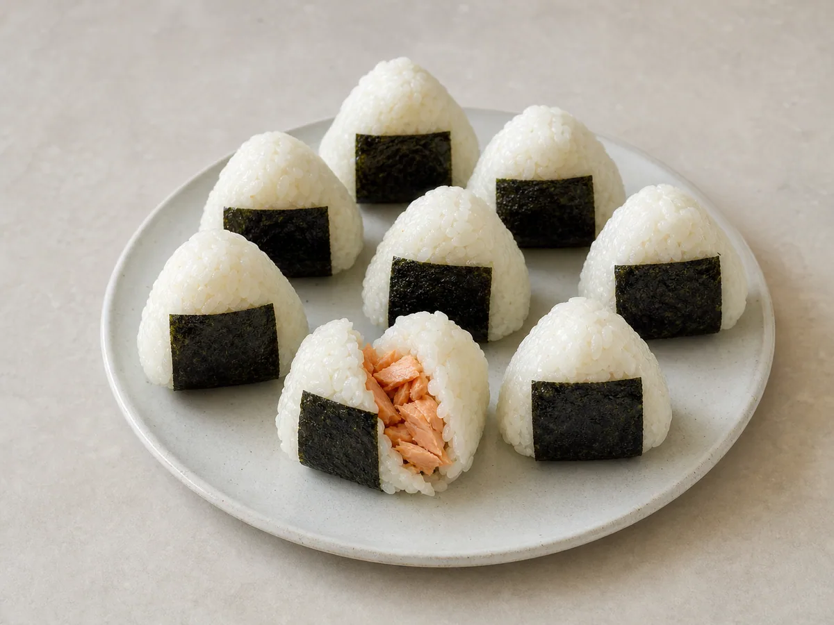 Onigiri japonês de salmão envolto em nori crocante sobre um prato de cerâmica