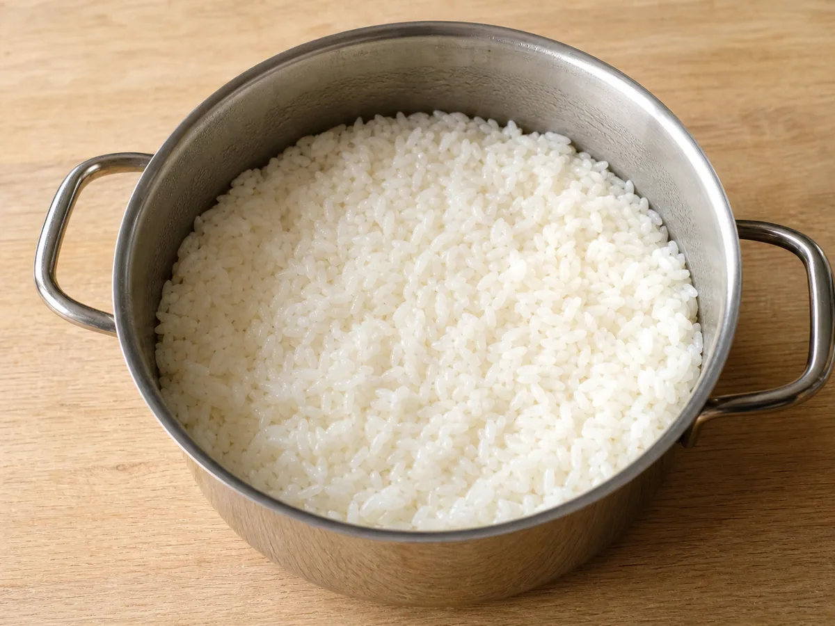 Arroz japonés de grano corto reposado, brillante y bien unido, sin agua restante en la cacerola