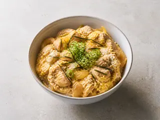 Oyakodon japonés con huevo bien cocido, pollo, cebolla, cebollines y nori sobre arroz