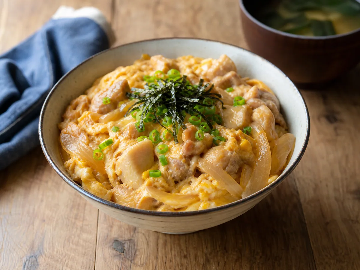 Japanese oyakodon with fully cooked egg, chicken, onion, scallions, and nori over rice