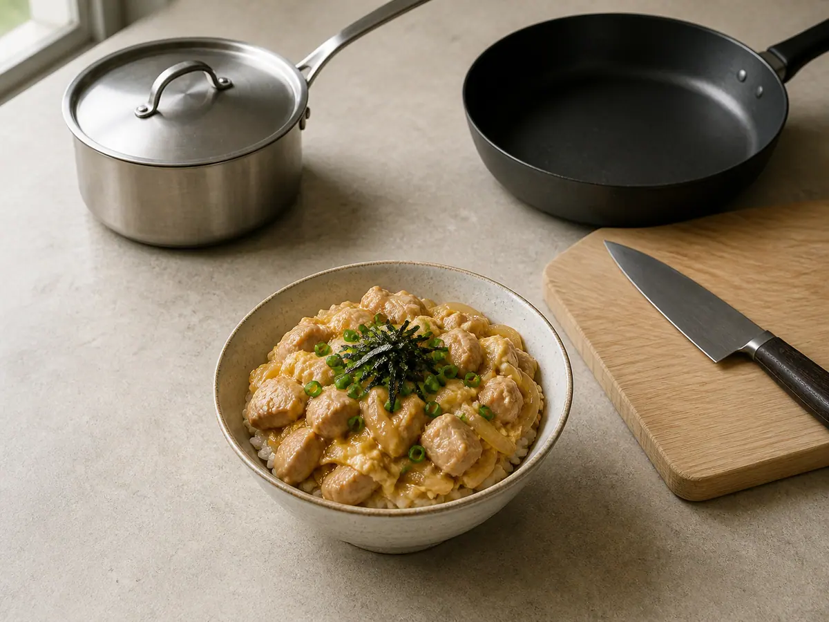 Show one finished Japanese donburi bowl with hot rice, fully cooked chicken, translucent onion, fully set egg, light broth, scallions, and restrained toasted nori