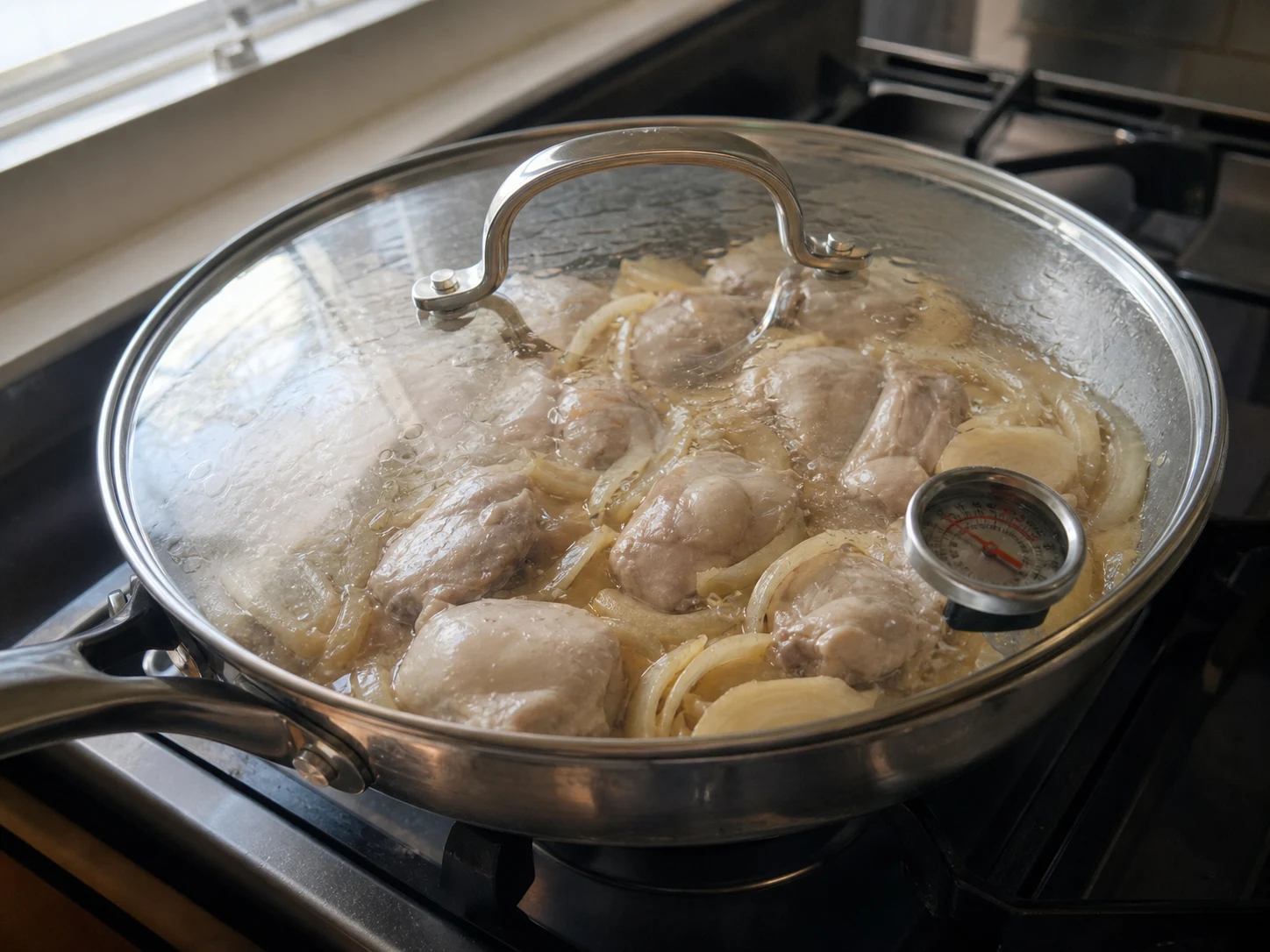 Pedaços de sobrecoxa totalmente cozidos em caldo de dashi e shoyu com cebola antes de adicionar o ovo ao oyakodon japonês