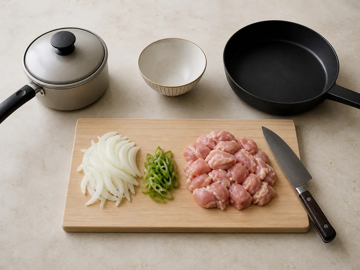Show thinly sliced onion and scallions plus raw chicken thigh pieces on the same light wood board, with the same dark-handled knife