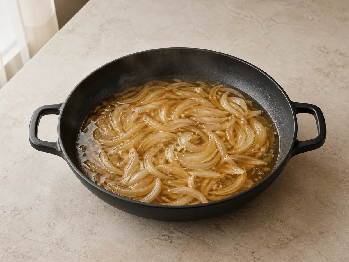 Show translucent onion slices gently simmering in clear dashi-soy broth inside the same wide matte-black skillet, no chicken, eggs, rice, or toppings yet.
