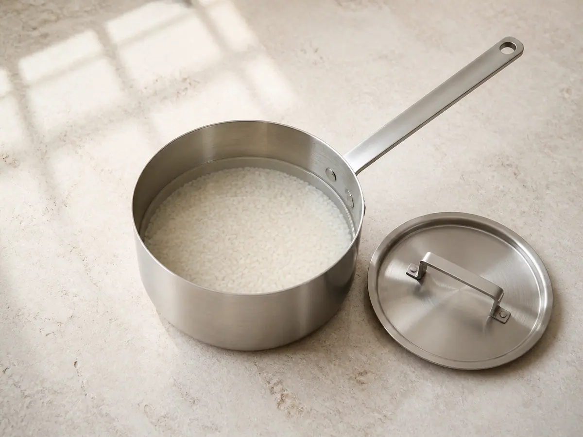 Show rinsed short-grain rice soaking in clear cool water inside the same medium rice saucepan, with the tight lid nearby