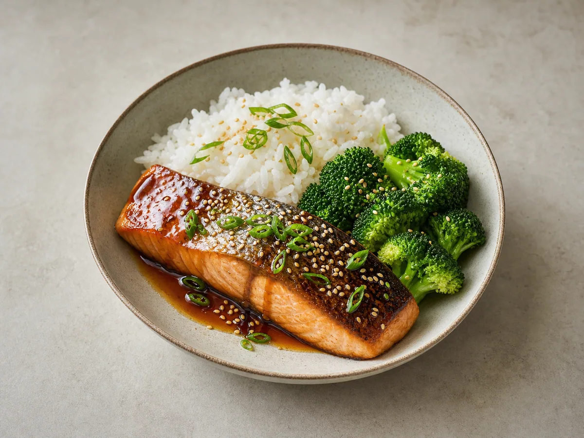 Salmón teriyaki japonés con arroz al vapor y brócoli