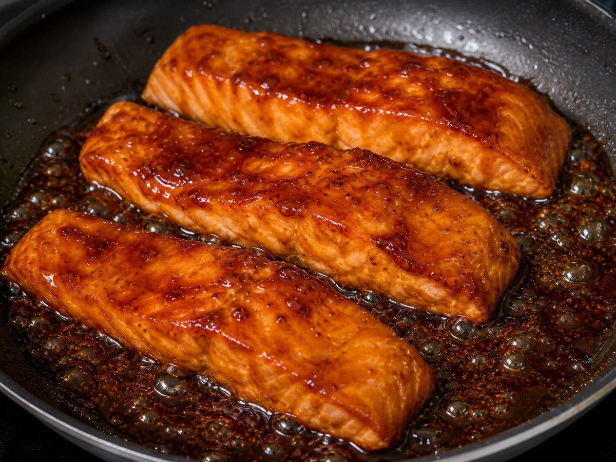 Salmón glaseado y terminado durante la preparación