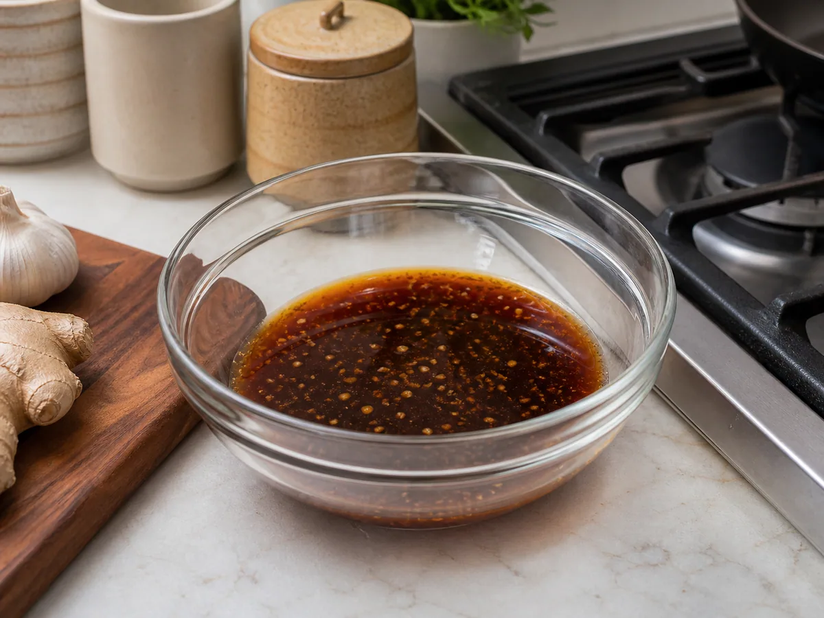 Mezcla del glaseado teriyaki durante la preparación