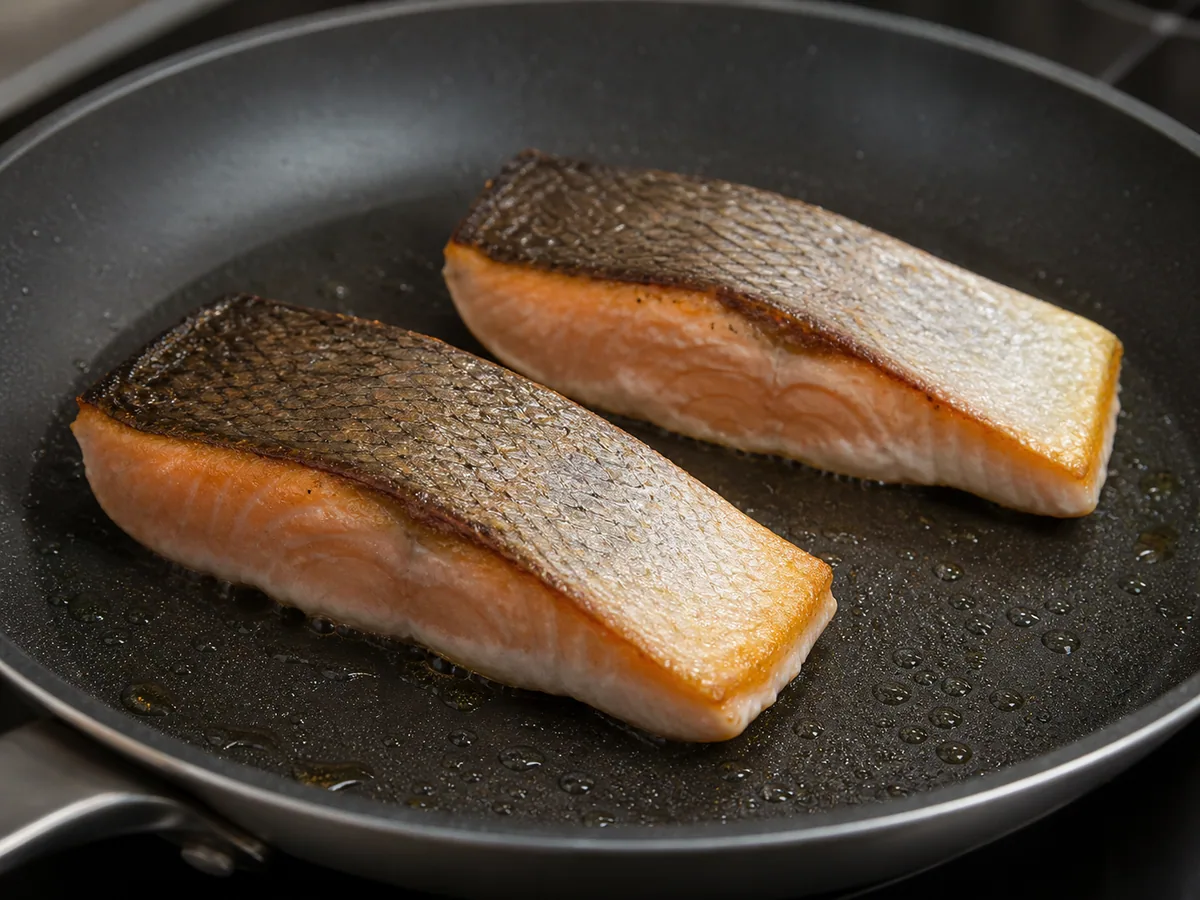 Salmón sellándose durante la preparación