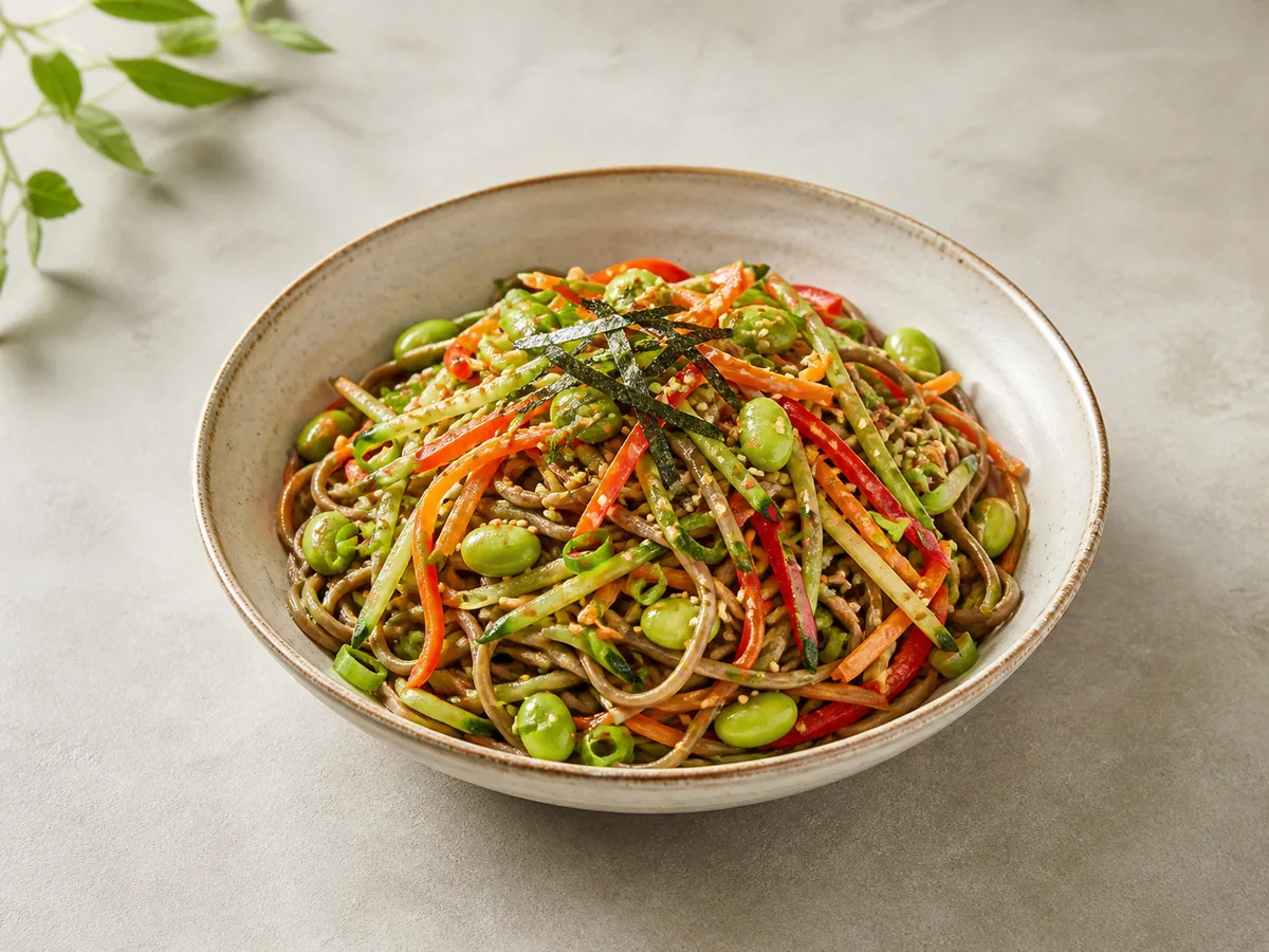 Tigela de salada japonesa de macarrão soba com edamame, pepino, cenoura, pimentão vermelho, gergelim e nori