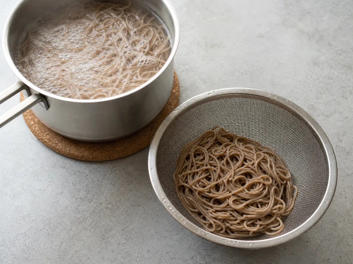 Macarrão soba japonês enxaguado e edamame escorrendo em um escorredor