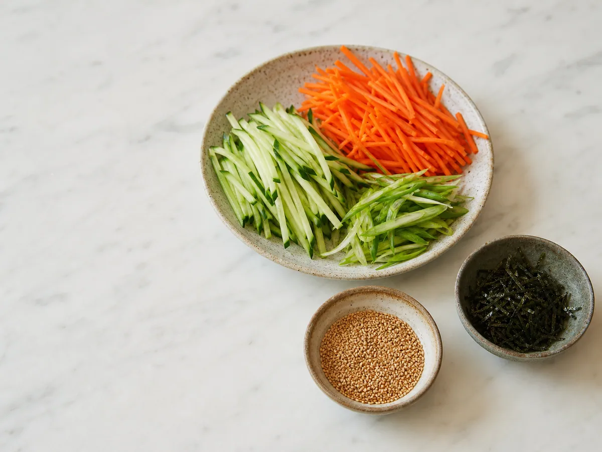 Legumes cortados e gergelim tostado preparados para a salada japonesa de macarrão soba