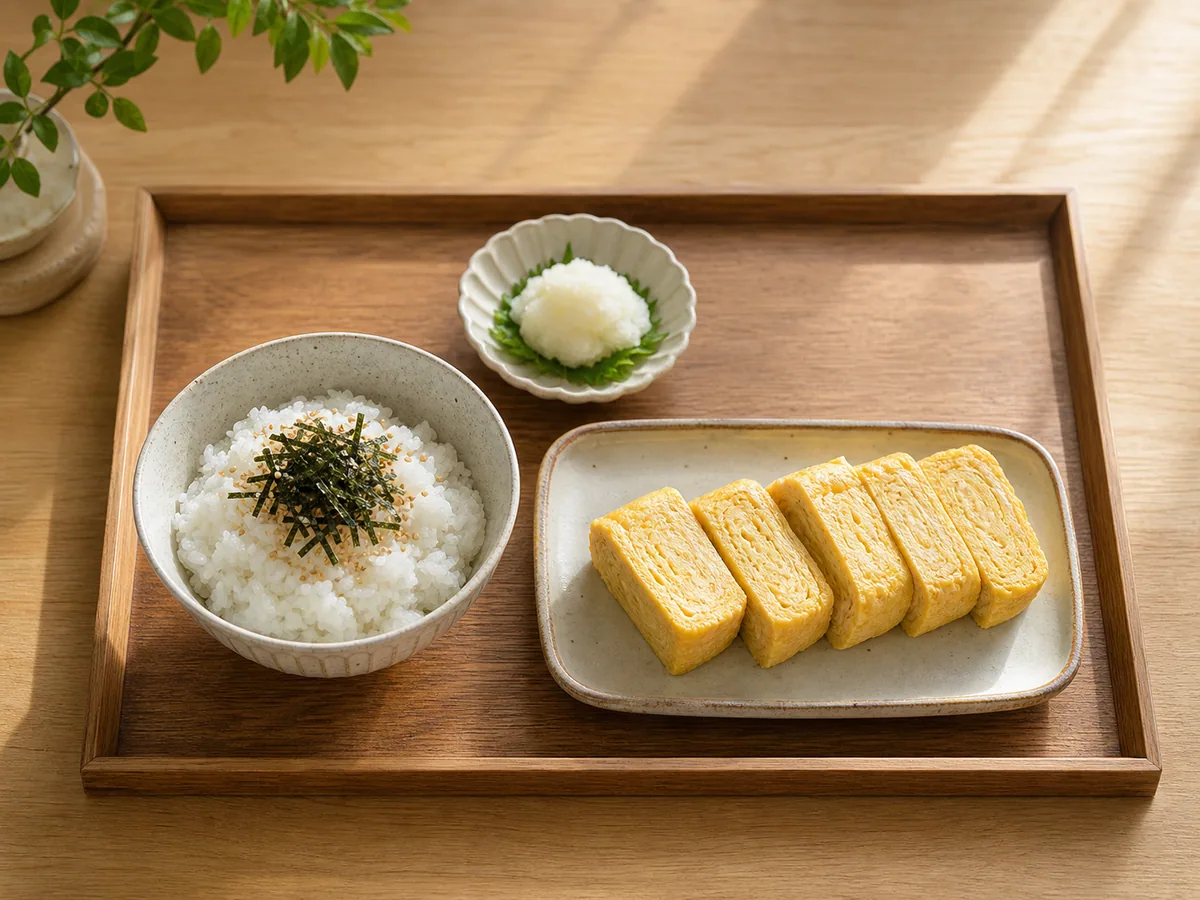 Tamagoyaki japonês fatiado ao lado de arroz cozido no vapor com daikon ralado, nori e gergelim