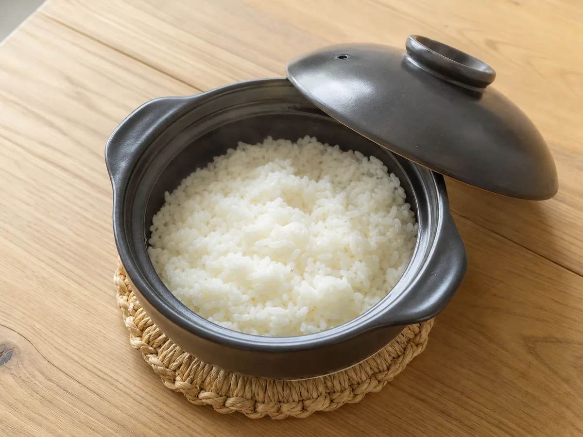 Arroz japonés de grano corto, brillante, después de reposar tapado