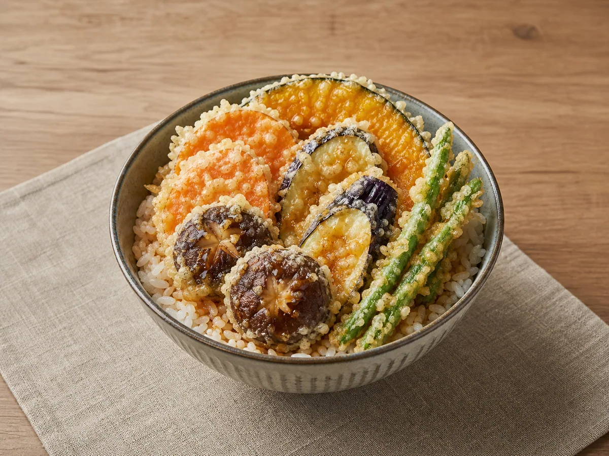 Tempura japonesa de legumes sobre arroz com batata-doce, abóbora cabotiá, berinjela, shiitake e vagem