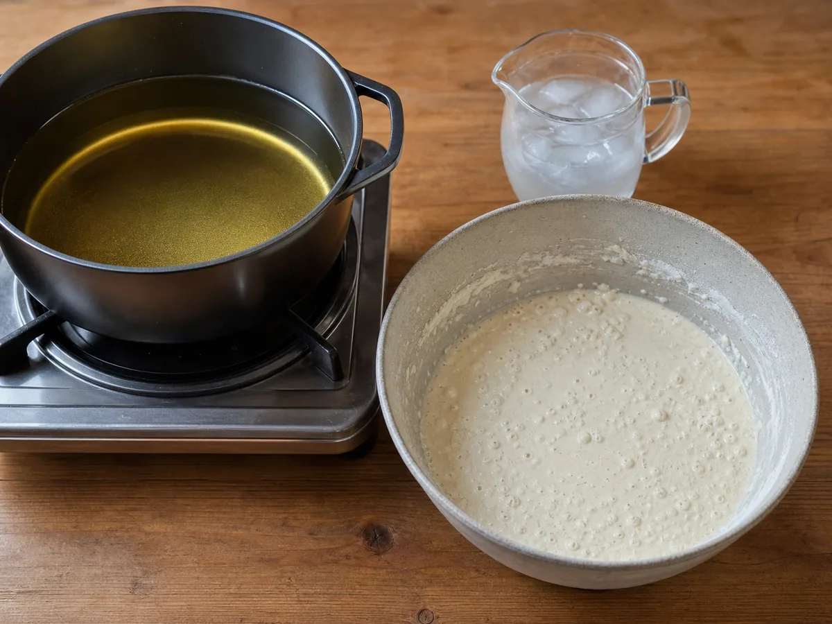 Masa de tempura apenas mezclada con grumos pequeños junto a una olla honda con termómetro para freír