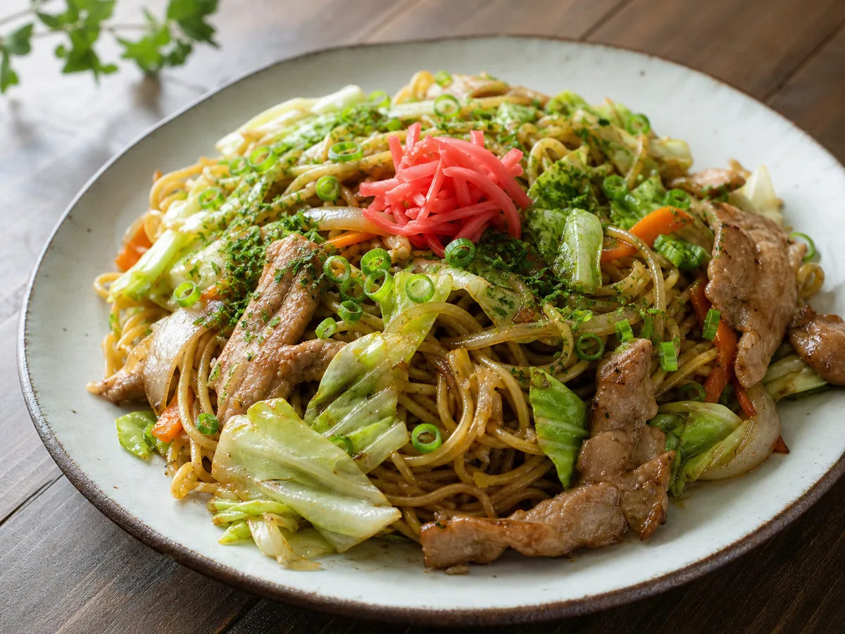 Plato de yakisoba japonés con repollo, cerdo, aonori y jengibre encurtido