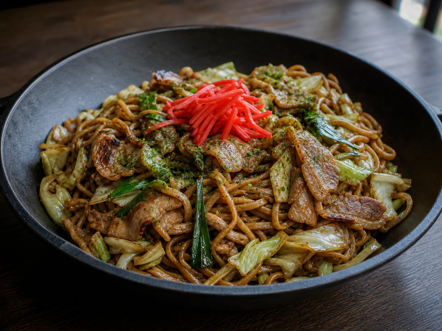 Fideos yakisoba brillantes y cerdo completamente cocido mezclados con repollo tierno y crujiente en una sartén