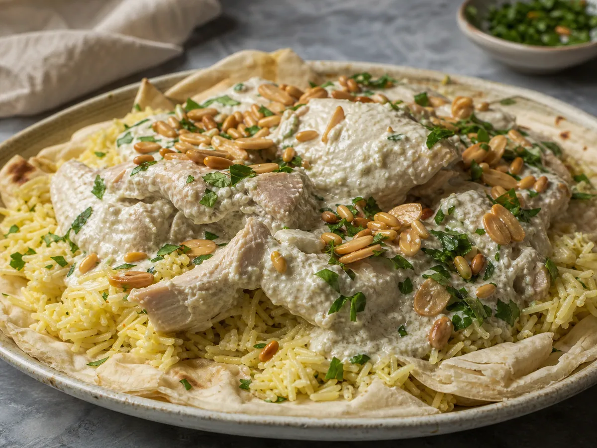 Jordanian chicken mansaf with yogurt-sauced rice, almonds, pine nuts, and parsley