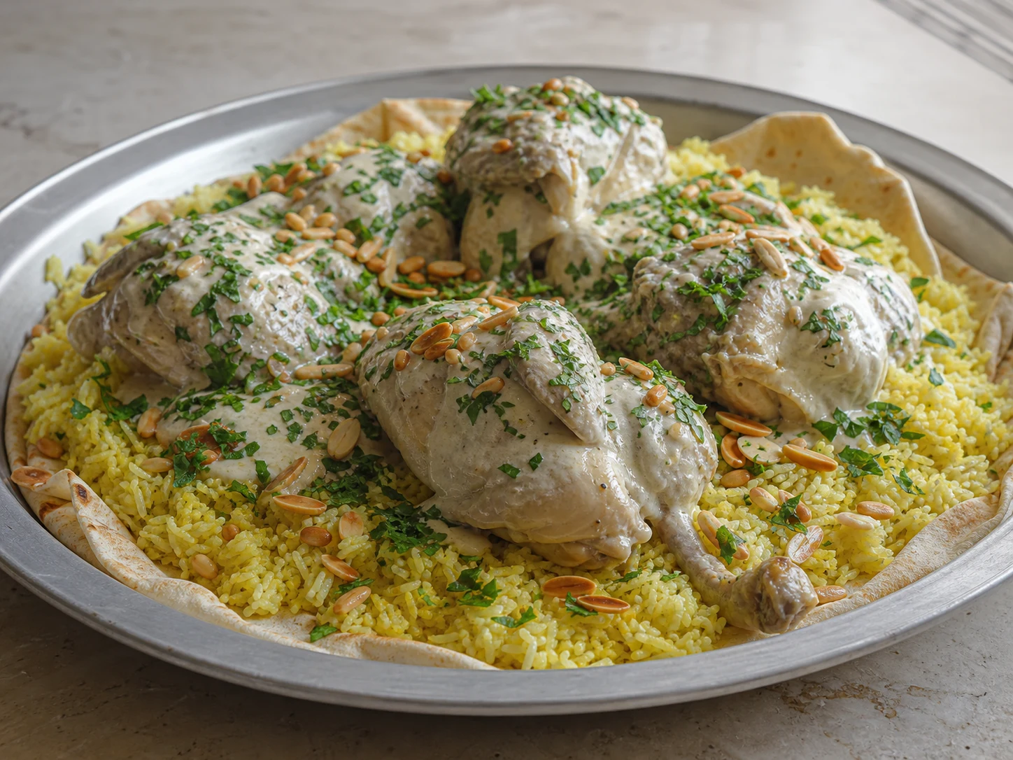 Mansaf jordaniano de frango montado com pão shrak, arroz, frango cozido e molho de jameed antes da finalização com nozes e salsa
