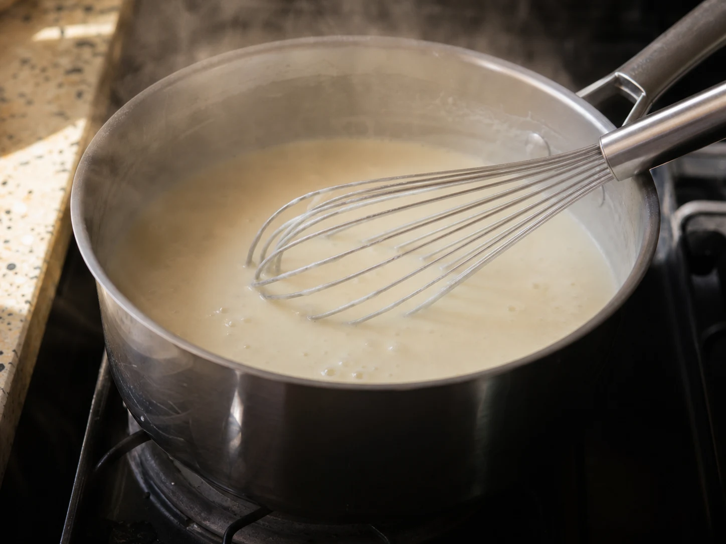 Molho liso e marfim de iogurte com jameed borbulhando suavemente em uma panela