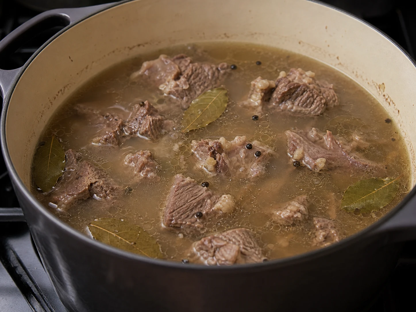 Carne bovina completamente cozida e macia ao garfo em caldo claro para beshbarmak cazaque