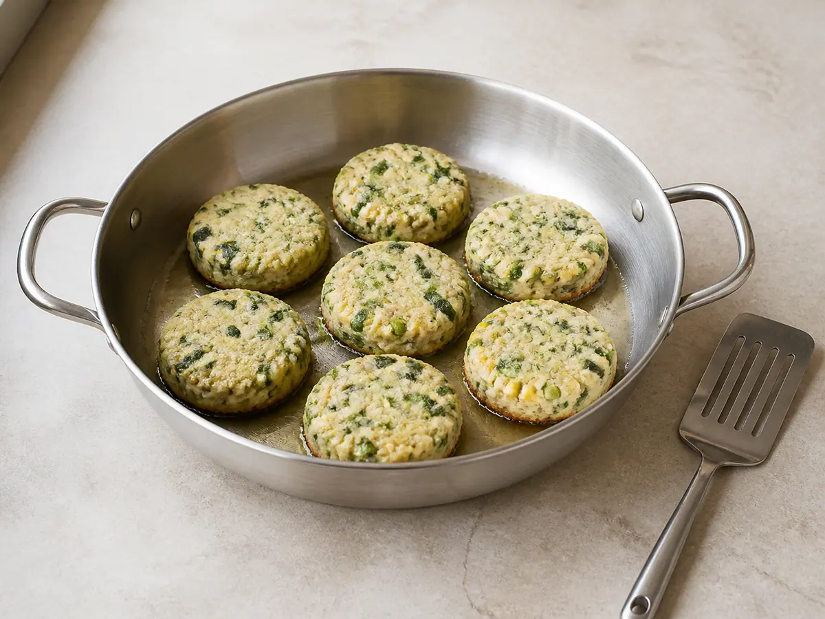 Kenyan irio breakfast patties browning undisturbed on their first side in a skillet