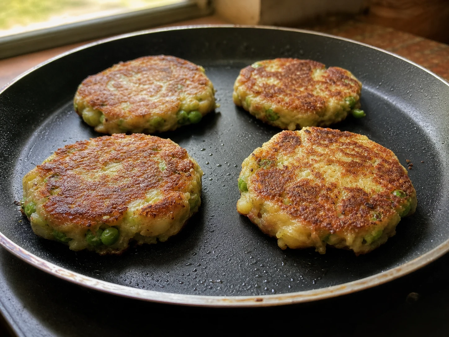 Kenyan irio breakfast patties with crisp golden crusts finishing in a skillet
