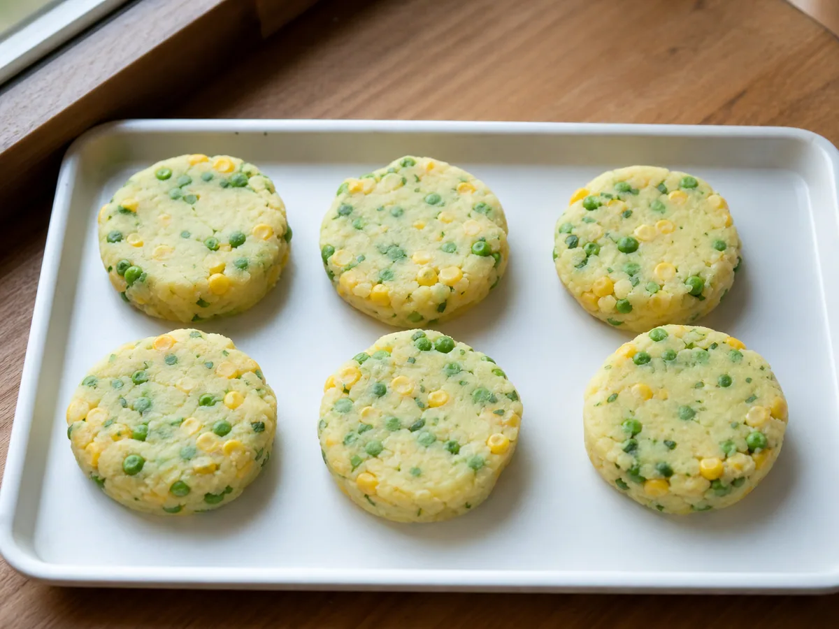 Uncooked Kenyan irio breakfast patties shaped into thick rounds on a tray