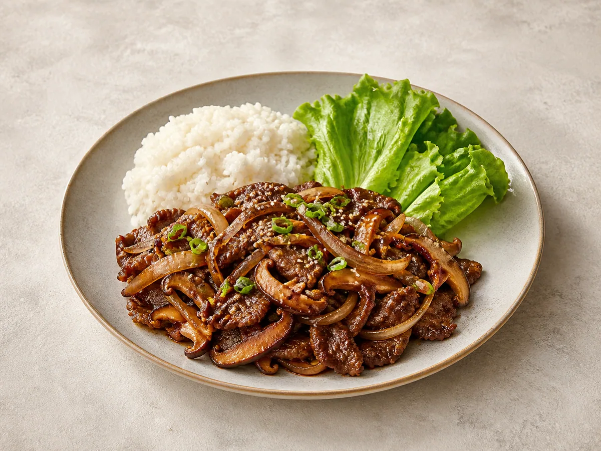 Korean beef bulgogi with onions, shiitake mushrooms, sesame seeds, and green onions