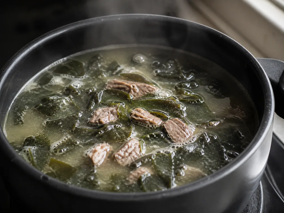 Fully simmered Korean beef seaweed soup with tender beef and silky miyeok in the cooking pot