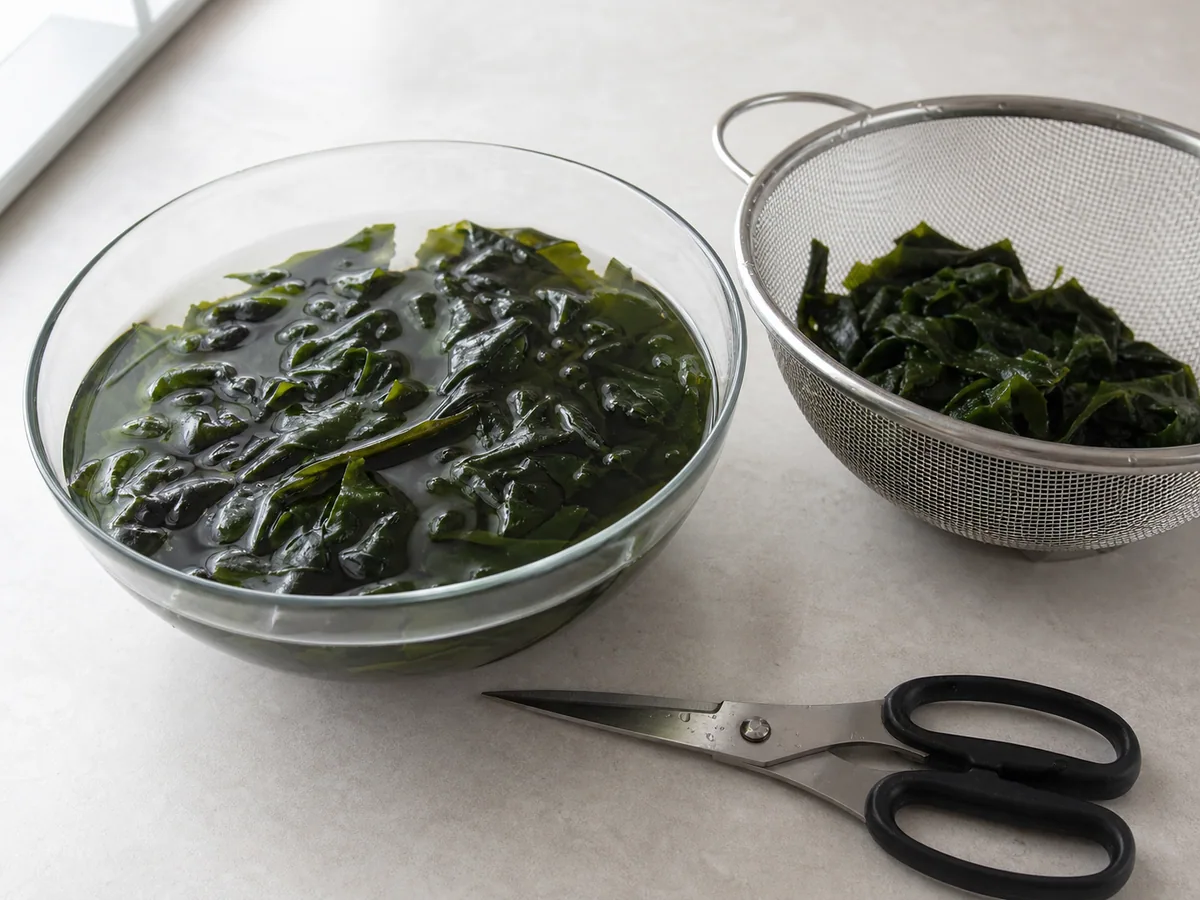 Rehydrated miyeok seaweed cut into bite-size ribbons for Korean beef seaweed soup