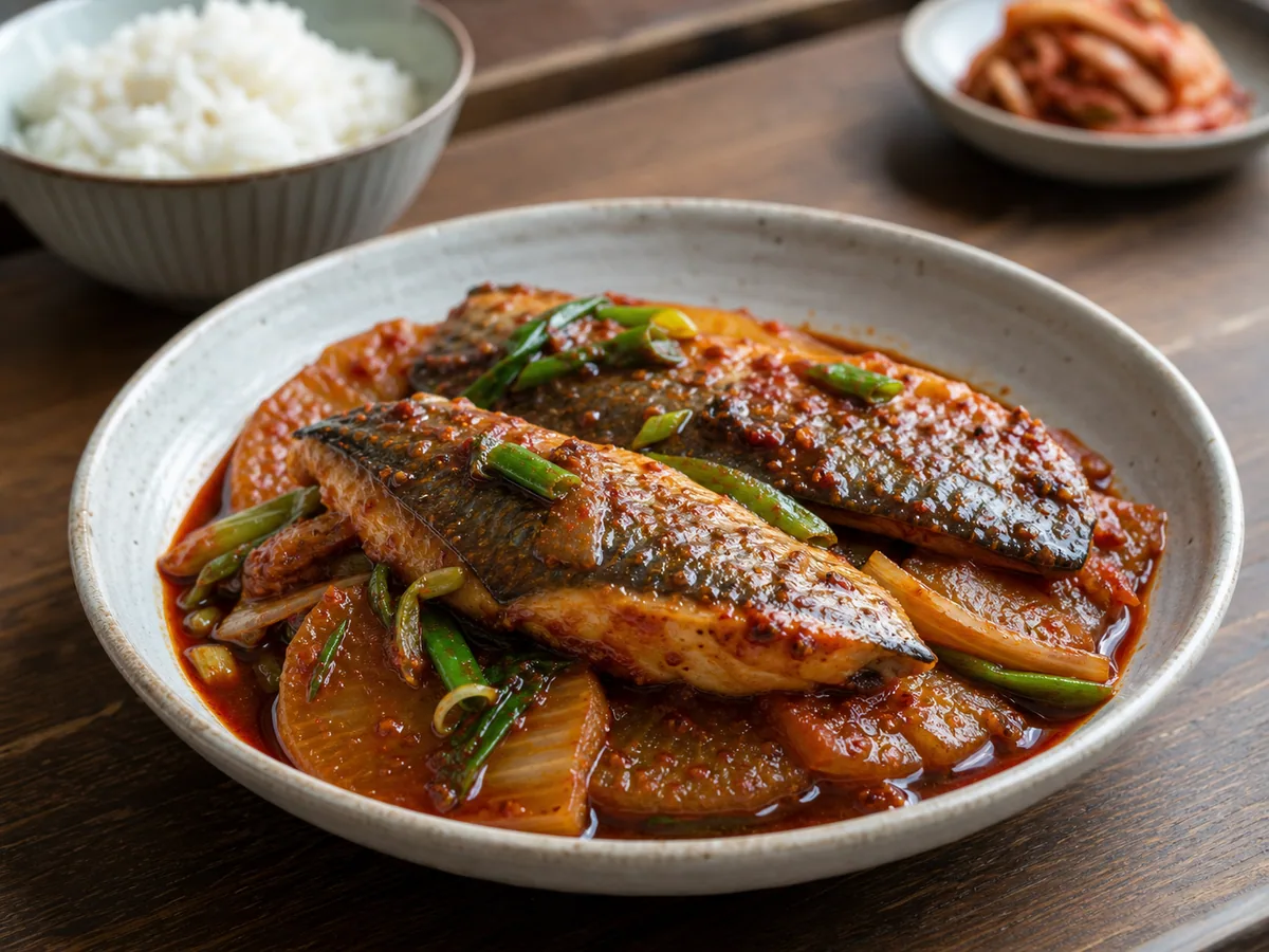 Korean braised mackerel with tender radish in a red chile-soy broth