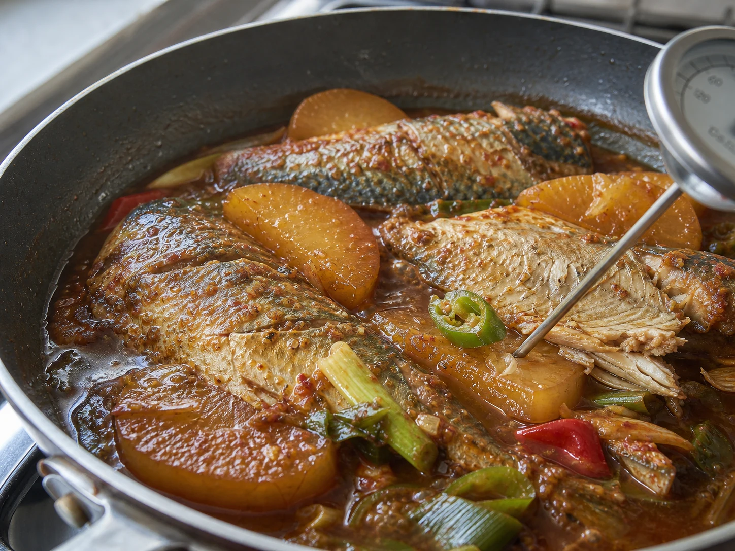 Termômetro culinário verificando cavala coreana braseada, completamente cozida, ao lado de rabanete macio em caldo reduzido de pimenta e shoyu