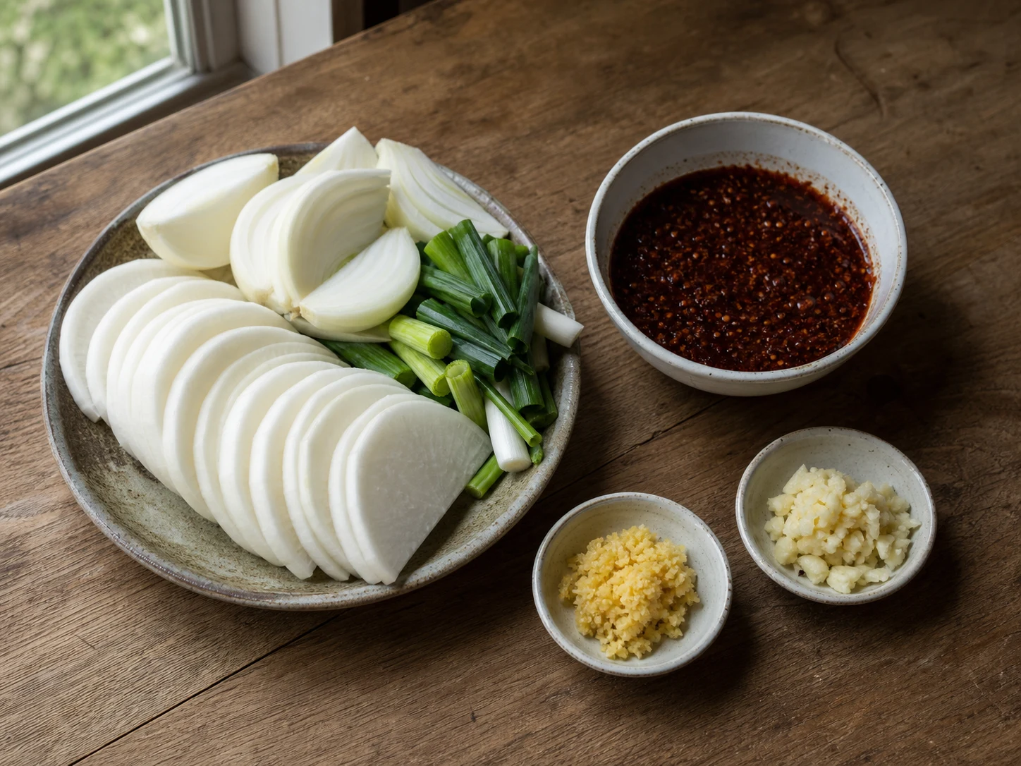Meias-luas de rabanete coreano e molho de gochugaru e shoyu bem misturado para cavala coreana braseada