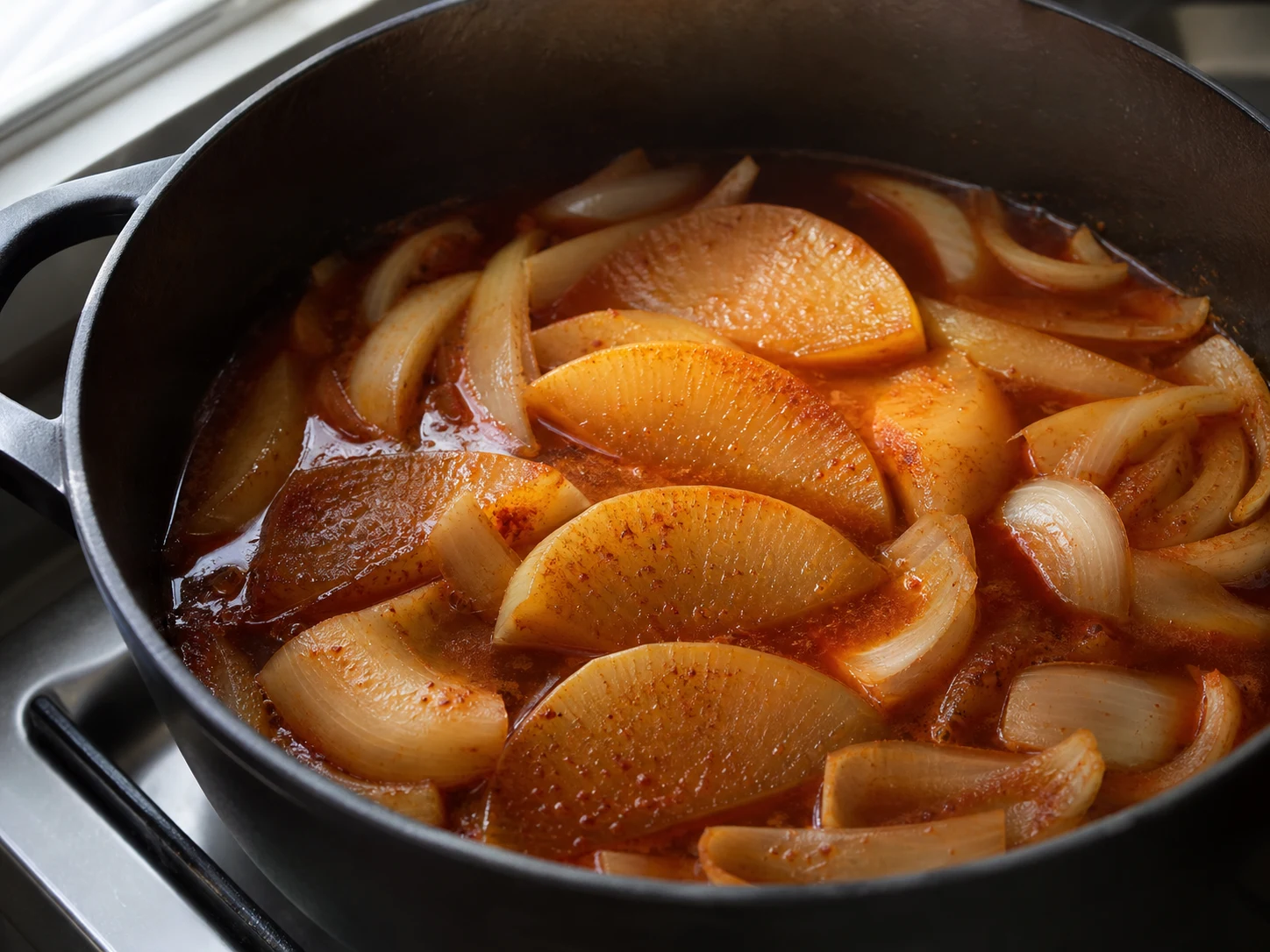 Rabanete coreano com bordas translúcidas cozinhando em molho de gochugaru e shoyu antes de acrescentar a cavala