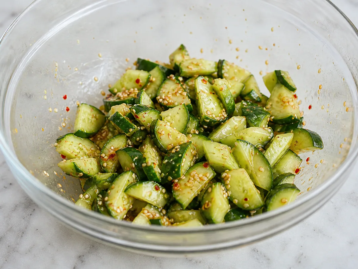 Ensalada coreana de pepino con sésamo ligeramente cubierta de aderezo en un tazón